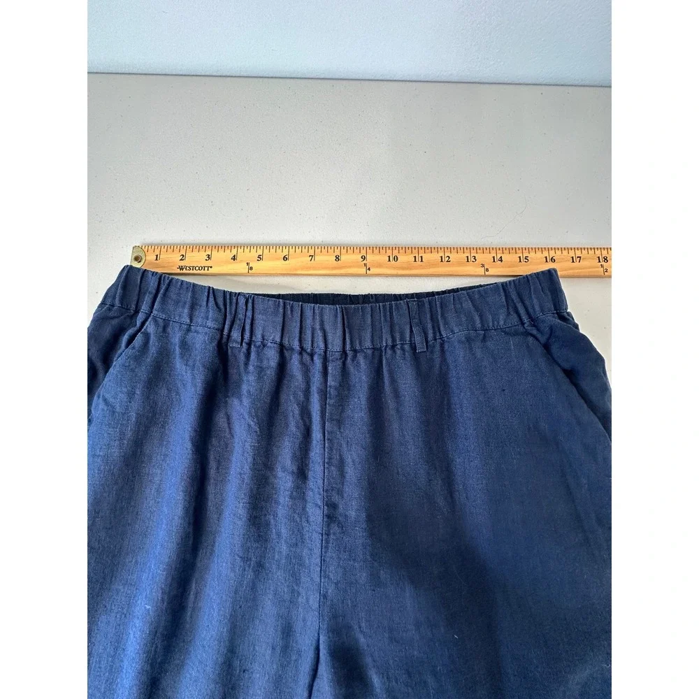 Quince Linen Pants Size L Deep Blue Navy Pull on Straight Leg Elastic Waist